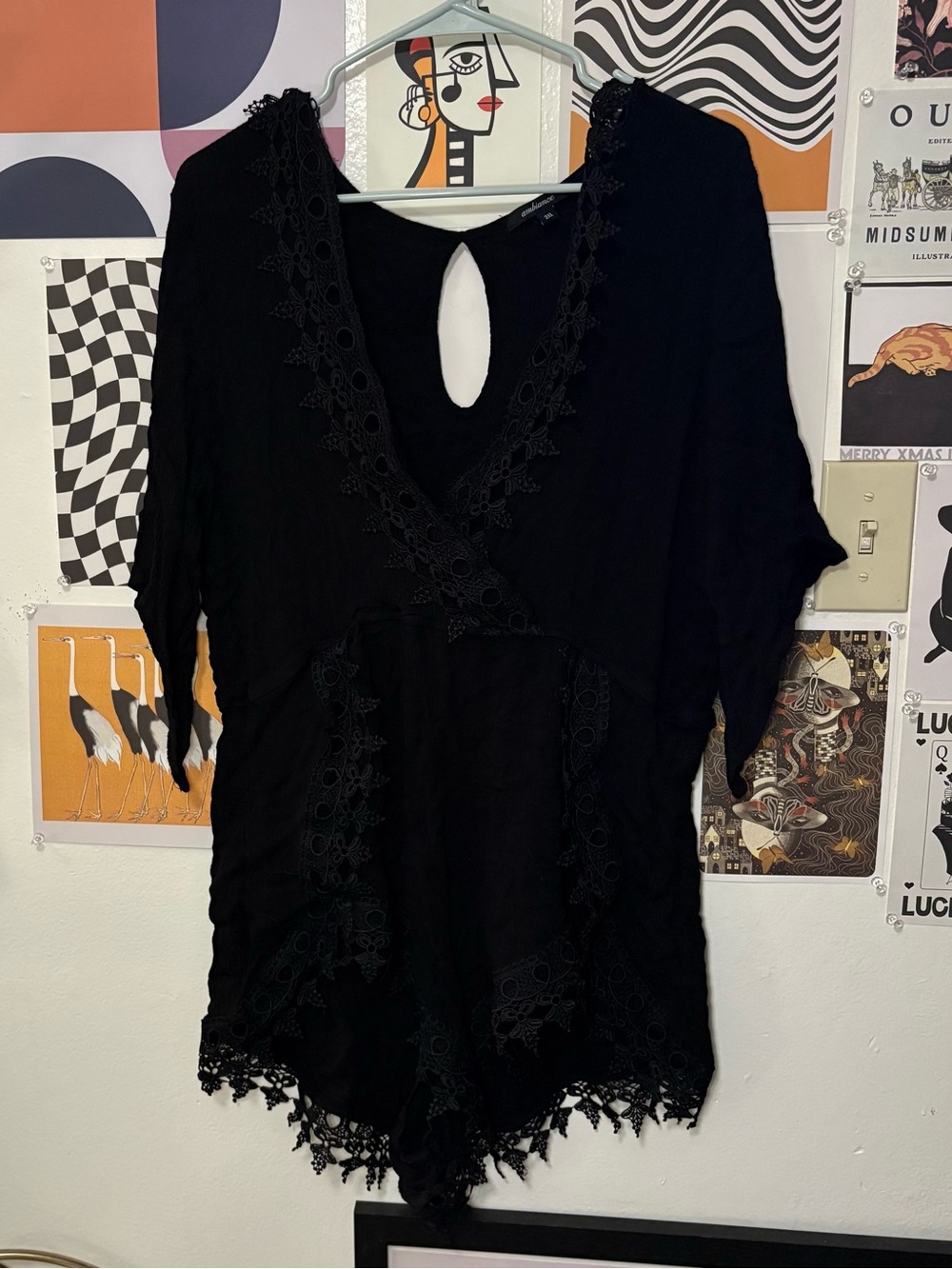 Ambiance Black Crochet Lace Boho Romper Size 3XL